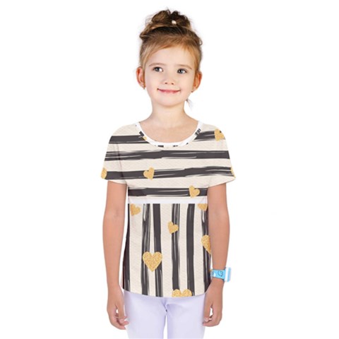 Black Lines And Golden Hearts Pattern Kids  One Piece Tee by TastefulDesigns