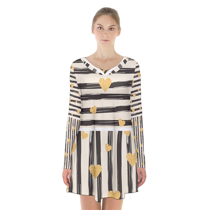 Black lines and golden hearts pattern Long Sleeve Velvet V-neck Dress