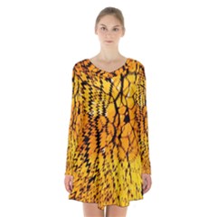 Yellow Chevron Zigzag Pattern Long Sleeve Velvet V-neck Dress by Amaryn4rt