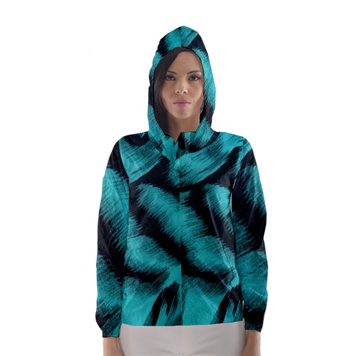 Blue Background Fabric tiger  Animal Motifs Hooded Wind Breaker (Women)