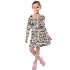 Old Comic Strip Kids  Long Sleeve Velvet Dress