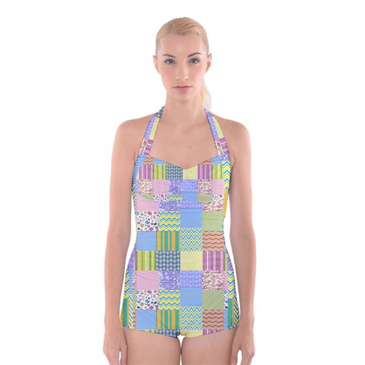 Old Quilt Boyleg Halter Swimsuit 