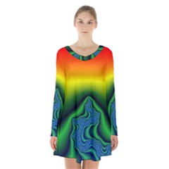 Fractal Wallpaper Water And Fire Long Sleeve Velvet V-neck Dress by Amaryn4rt