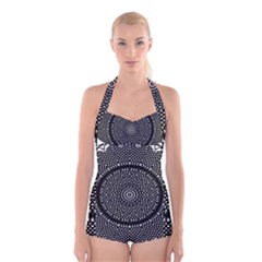 Black Lace Kaleidoscope On White Boyleg Halter Swimsuit  by Amaryn4rt