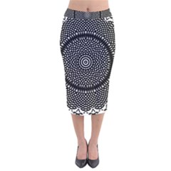 Black Lace Kaleidoscope On White Velvet Midi Pencil Skirt