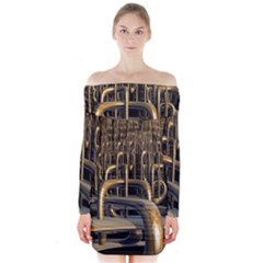 Fractal Image Of Copper Pipes Long Sleeve Off Shoulder Dress by Amaryn4rt