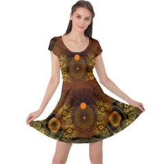 Fractal Yellow Design On Black Cap Sleeve Dresses by Amaryn4rt