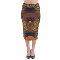 Fractal Yellow Design On Black Velvet Midi Pencil Skirt