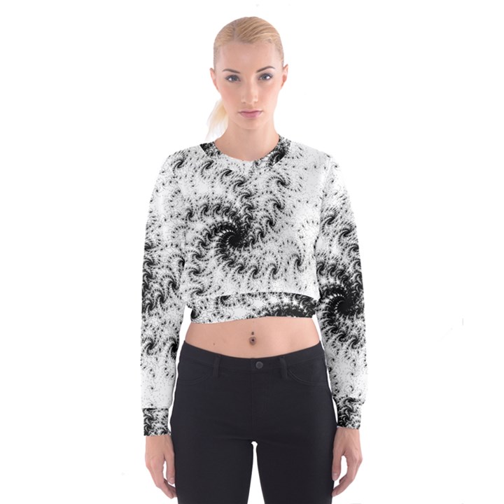 Fractal Black Spiral On White Women s Cropped Sweatshirt