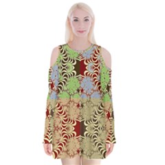 Multicolor Fractal Background Velvet Long Sleeve Shoulder Cutout Dress