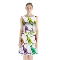 Multicolor Dinosaur Background Sleeveless Chiffon Waist Tie Dress by Amaryn4rt