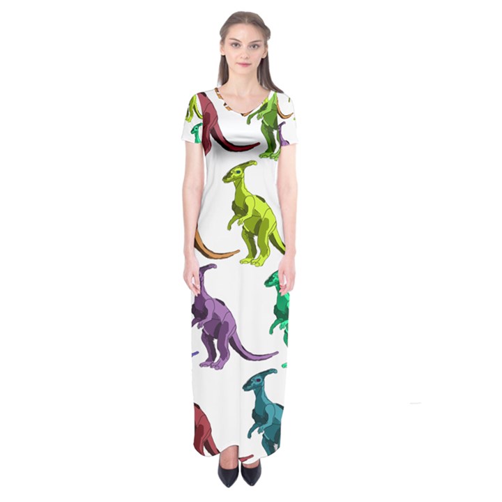 Multicolor Dinosaur Background Short Sleeve Maxi Dress