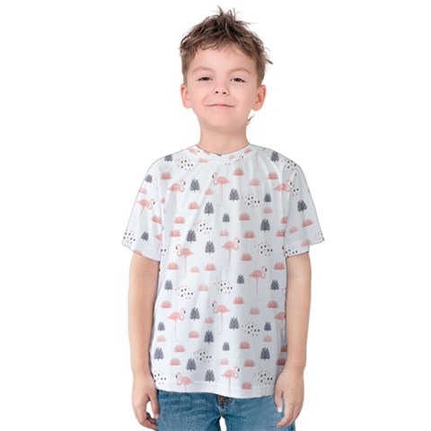 Cute Flamingos And  Leaves Pattern Kids  Cotton Tee by TastefulDesigns