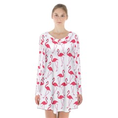 Flamingo Pattern Long Sleeve Velvet V-neck Dress by Valentinaart