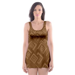 Brown Pattern Rectangle Wallpaper Skater Dress Swimsuit by Amaryn4rt