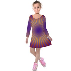 Retro Circle Lines Rays Orange Kids  Long Sleeve Velvet Dress by Amaryn4rt