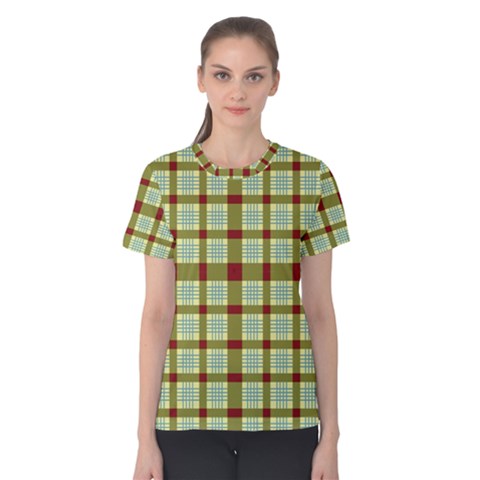 Geometric Tartan Pattern Square Women s Cotton Tee by Amaryn4rt