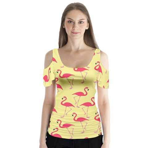 Flamingo Pattern Butterfly Sleeve Cutout Tee  by Valentinaart