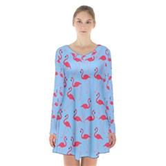 Flamingo Pattern Long Sleeve Velvet V-neck Dress by Valentinaart