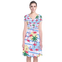 Flamingo Pattern Short Sleeve Front Wrap Dress by Valentinaart