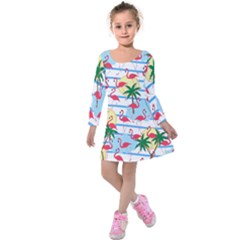 Flamingo Pattern Kids  Long Sleeve Velvet Dress by Valentinaart