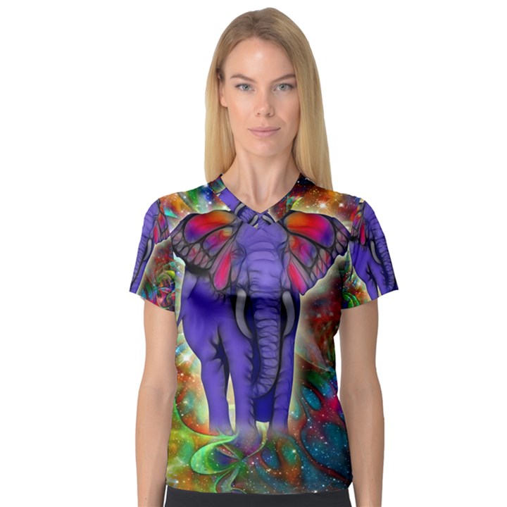 Abstract Elephant With Butterfly Ears Colorful Galaxy Women s V-Neck Sport Mesh Tee