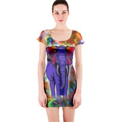 Abstract Elephant With Butterfly Ears Colorful Galaxy Short Sleeve Bodycon Dress by EDDArt