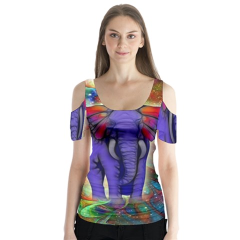 Abstract Elephant With Butterfly Ears Colorful Galaxy Butterfly Sleeve Cutout Tee  by EDDArt