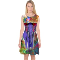 Abstract Elephant With Butterfly Ears Colorful Galaxy Capsleeve Midi Dress by EDDArt