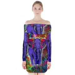 Abstract Elephant With Butterfly Ears Colorful Galaxy Long Sleeve Off Shoulder Dress by EDDArt