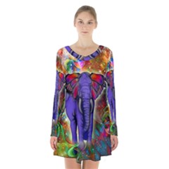 Abstract Elephant With Butterfly Ears Colorful Galaxy Long Sleeve Velvet V-neck Dress by EDDArt