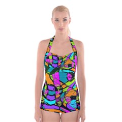 Abstract Art Squiggly Loops Multicolored Boyleg Halter Swimsuit  by EDDArt