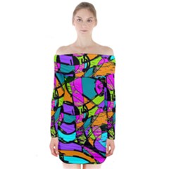 Abstract Art Squiggly Loops Multicolored Long Sleeve Off Shoulder Dress by EDDArt