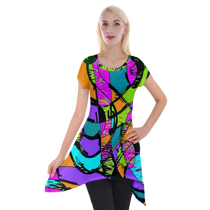 Abstract Art Squiggly Loops Multicolored Short Sleeve Side Drop Tunic