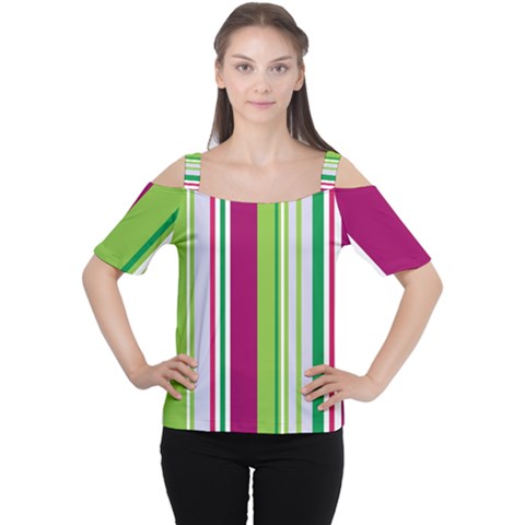 Beautiful Multi Colored Bright Stripes Pattern Wallpaper Background Women s Cutout Shoulder Tee by Amaryn4rt