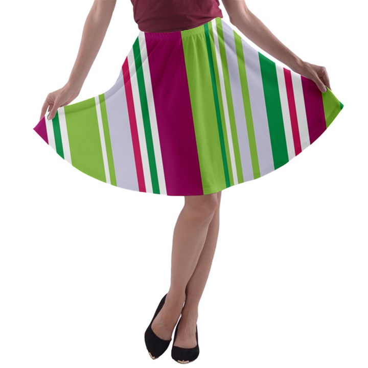 Beautiful Multi Colored Bright Stripes Pattern Wallpaper Background A-line Skater Skirt