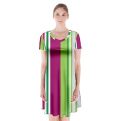 Beautiful Multi Colored Bright Stripes Pattern Wallpaper Background Short Sleeve V-neck Flare Dress by Amaryn4rt