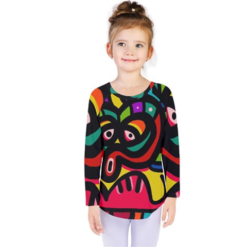 A Seamless Crazy Face Doodle Pattern Kids  Long Sleeve Tee by Amaryn4rt