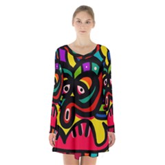 A Seamless Crazy Face Doodle Pattern Long Sleeve Velvet V-neck Dress by Amaryn4rt