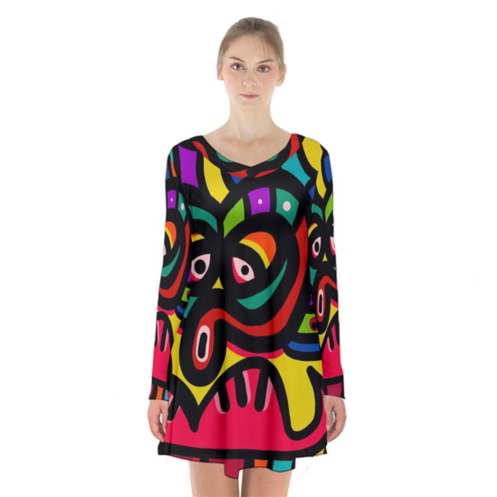 A Seamless Crazy Face Doodle Pattern Long Sleeve Velvet V-neck Dress