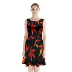 Colorful Autumn Leaves On Black Background Sleeveless Chiffon Waist Tie Dress by Amaryn4rt