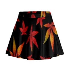 Colorful Autumn Leaves On Black Background Mini Flare Skirt by Amaryn4rt