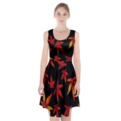 Colorful Autumn Leaves On Black Background Racerback Midi Dress by Amaryn4rt