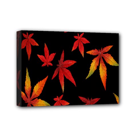 Colorful Autumn Leaves On Black Background Mini Canvas 7  X 5  by Amaryn4rt