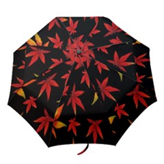 Colorful Autumn Leaves On Black Background Folding Umbrellas by Amaryn4rt