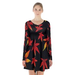 Colorful Autumn Leaves On Black Background Long Sleeve Velvet V-neck Dress by Amaryn4rt