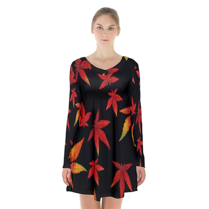 Colorful Autumn Leaves On Black Background Long Sleeve Velvet V-neck Dress