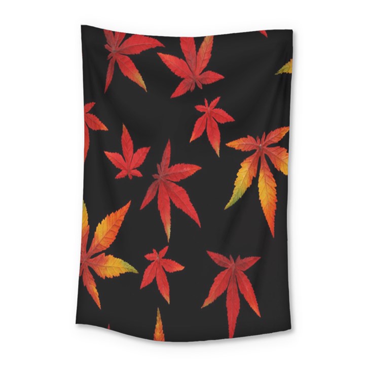 Colorful Autumn Leaves On Black Background Small Tapestry