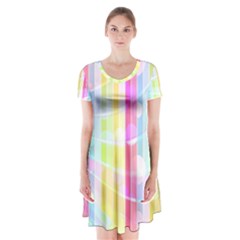 Colorful Abstract Stripes Circles And Waves Wallpaper Background Short Sleeve V-neck Flare Dress