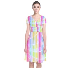 Colorful Abstract Stripes Circles And Waves Wallpaper Background Short Sleeve Front Wrap Dress by Amaryn4rt